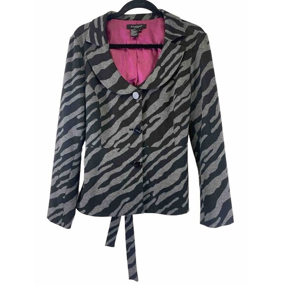 BOGO Sandro Jacket Black Gray Zebra Striped Button Collared Belted Scoop Women L - Picture 2 of 12